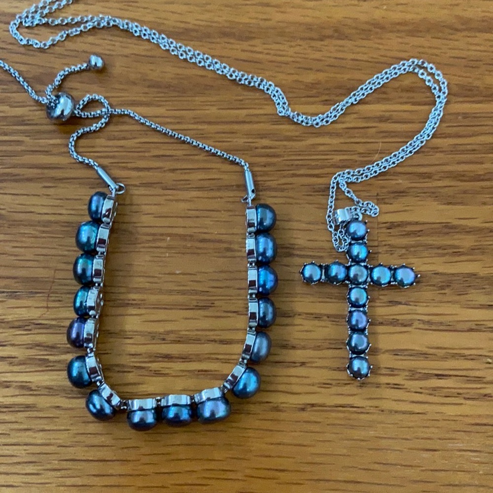🦋Freshwater Peacock Pearl Cross Necklace and Bolo Bracelet